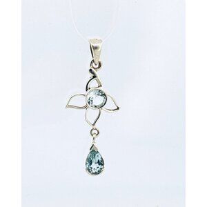 Brand New Sterling Silver 925 Floral Pendant with 2 Blue Topaz Gemstones, Slide